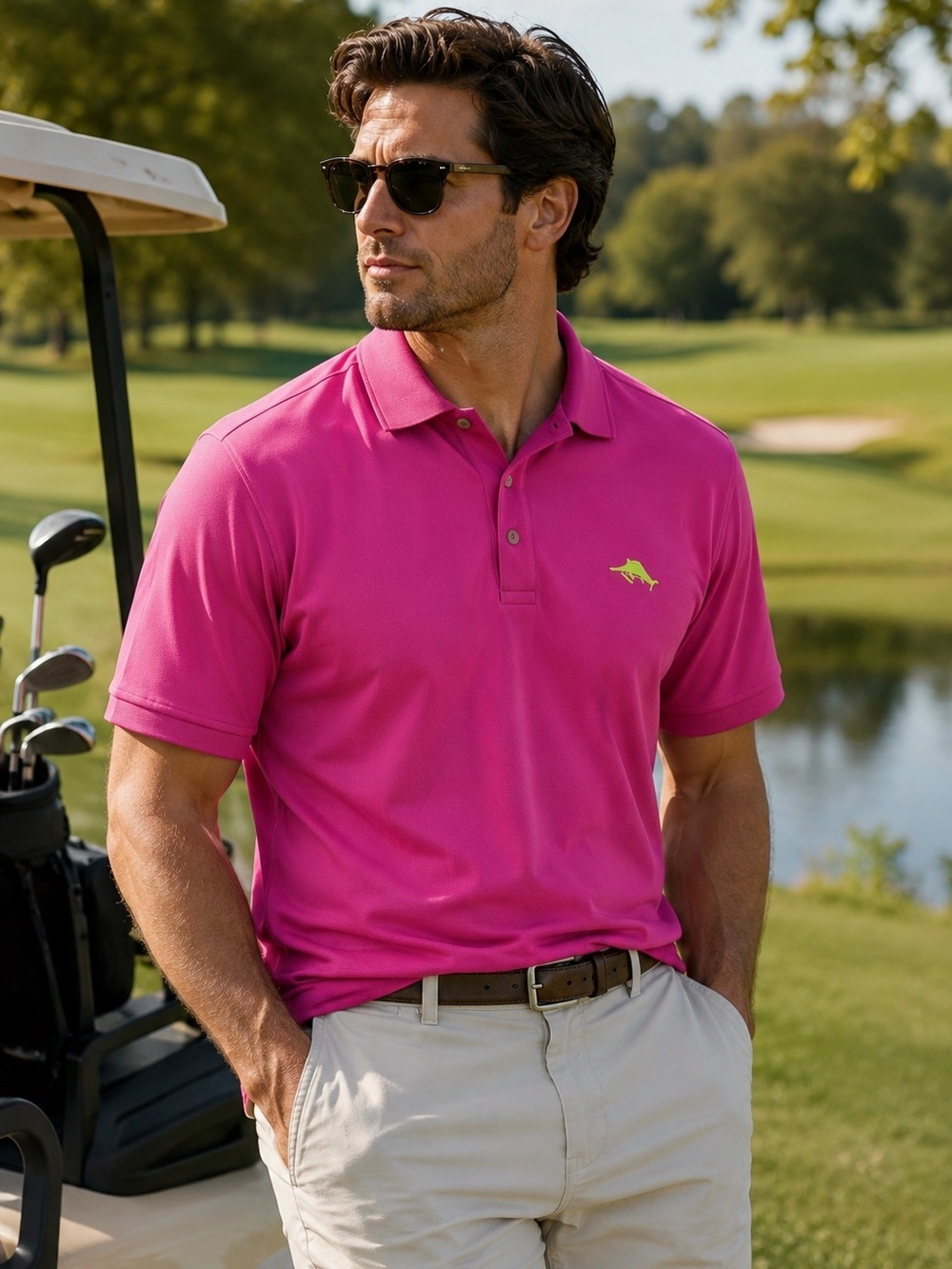 Tommy Bahama Pink Polo Lime Logo Golf Activewear Men Large Athleisure Sporty